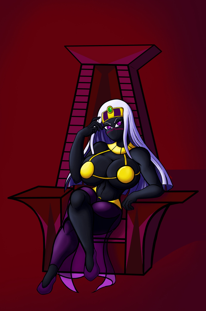 alien alien_girl alien_humanoid armbands black_body duck_dodgers facial_mark golden_bikini_top jewelry looney_tunes martian martian_(duck_dodgers) purple_eyebrows purple_eyes purple_shoes queen_tyr'ahnee see-through_skirt sitting_on_throne slit_skirt throne tomkat96 warner_brothers white_hair