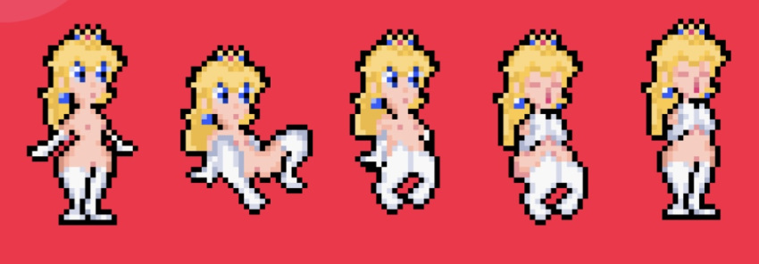 blonde_female blonde_hair blue_eyes breasts crown gloves leg_cross legs legs_spread mario_(series) muymal pink_nipples pink_pussy pixel_art princess princess_peach pussy super_princess_peach vagina