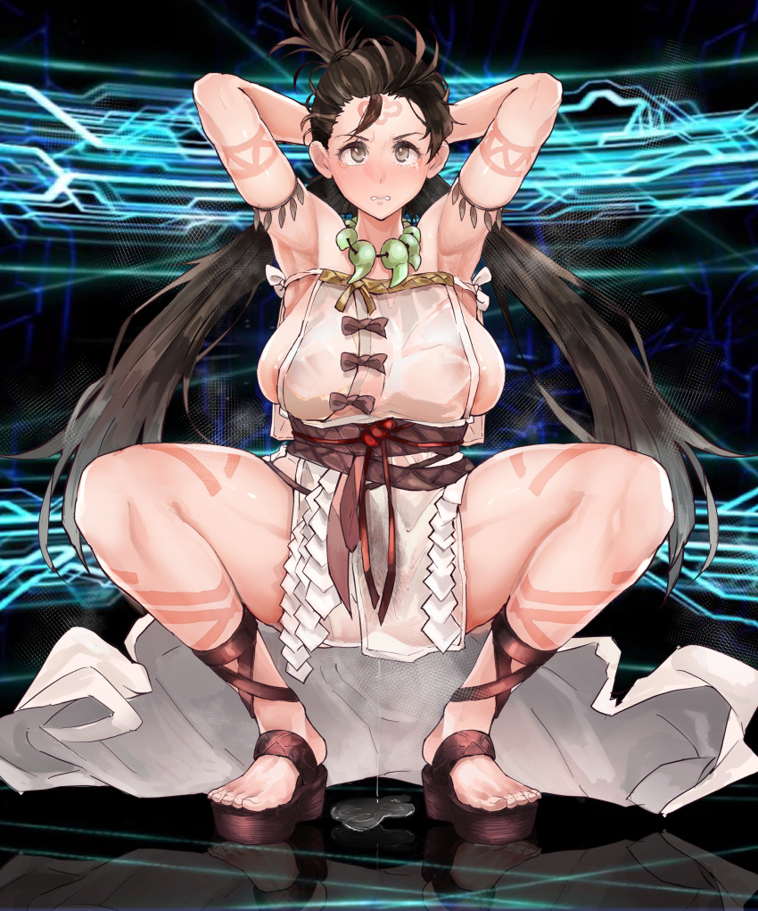 absurdres areola_slip armlet armpit_hair armpits arms_behind_head arms_up bare_legs bare_shoulders bead_necklace beads blush body_markings bow breasts brown_eyes brown_hair covered_erect_nipples dress facial_mark fate/grand_order fate_(series) feathers feet female female_pubic_hair forehead forehead_mark full_body highres himiko_(fate) himiko_(first_ascension)_(fate) jewelry large_breasts legs long_hair looking_at_viewer magatama magatama_necklace necklace no_bra no_panties nose_blush platform_footwear pubic_hair pussy_juice pussy_juice_puddle pussy_juice_trail reflection reflective_floor sandals sash see-through side_slit sideboob solo sonparesu spread_legs squatting tears thick_thighs thighs toenails toes topknot twintails white_dress