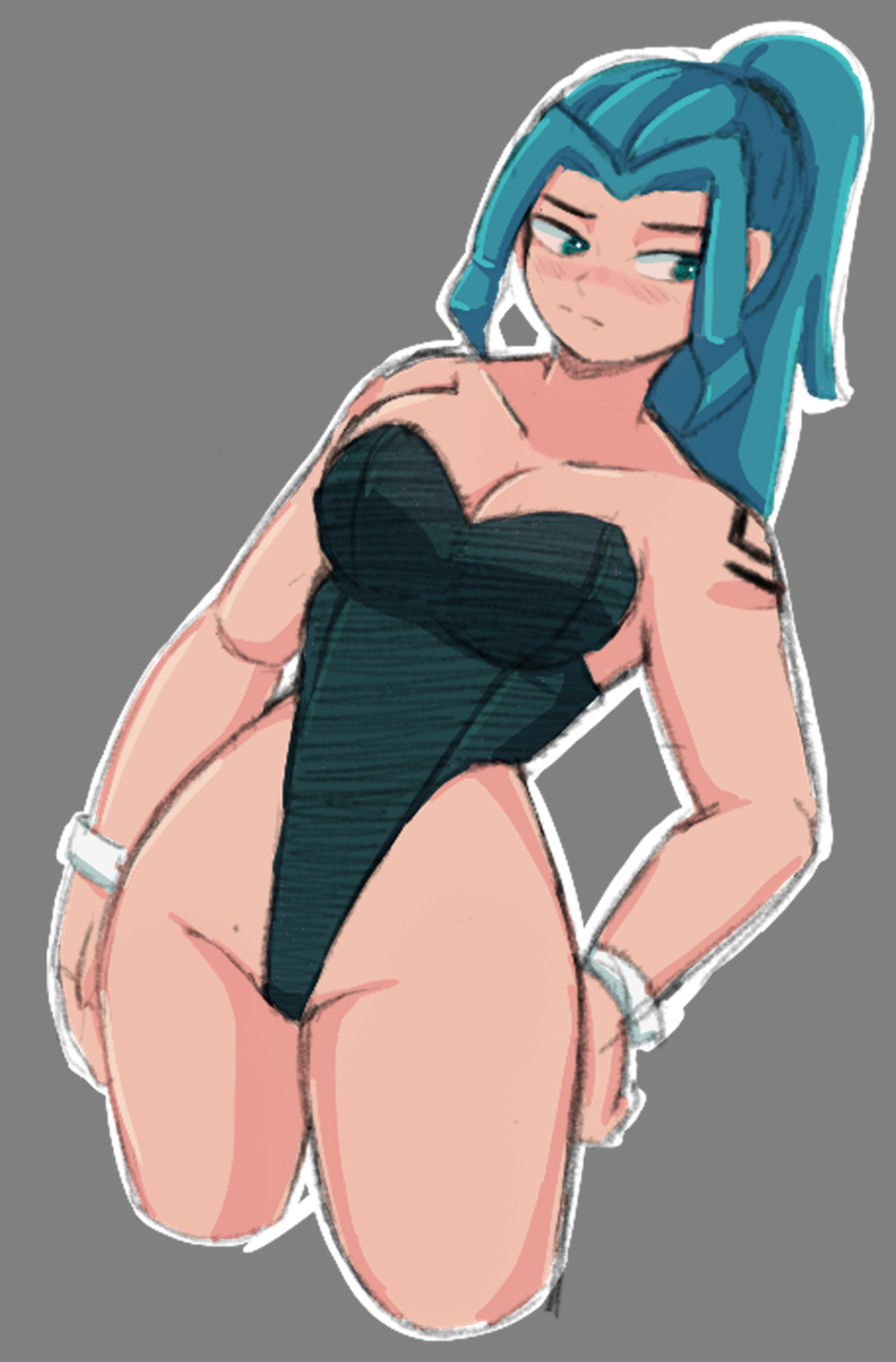 amelia_(juzwu) blue_hair blush bunnysuit green_eyes looking_away mole tattoo the_pizza_guy_1012