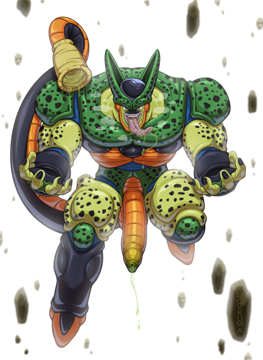 alien anthro bedroom_eyes bodily_fluids cell_(dragon_ball) cum dragon_ball foreskin genital_fluids genitals green_body hi_res horn humanoid hybrid leaking_cum looking_at_viewer lovkuma male male_focus male_only muscular muscular_male narrowed_eyes penis pointy_feet seductive semi-perfect_cell solo solo_male tail tongue tongue_out