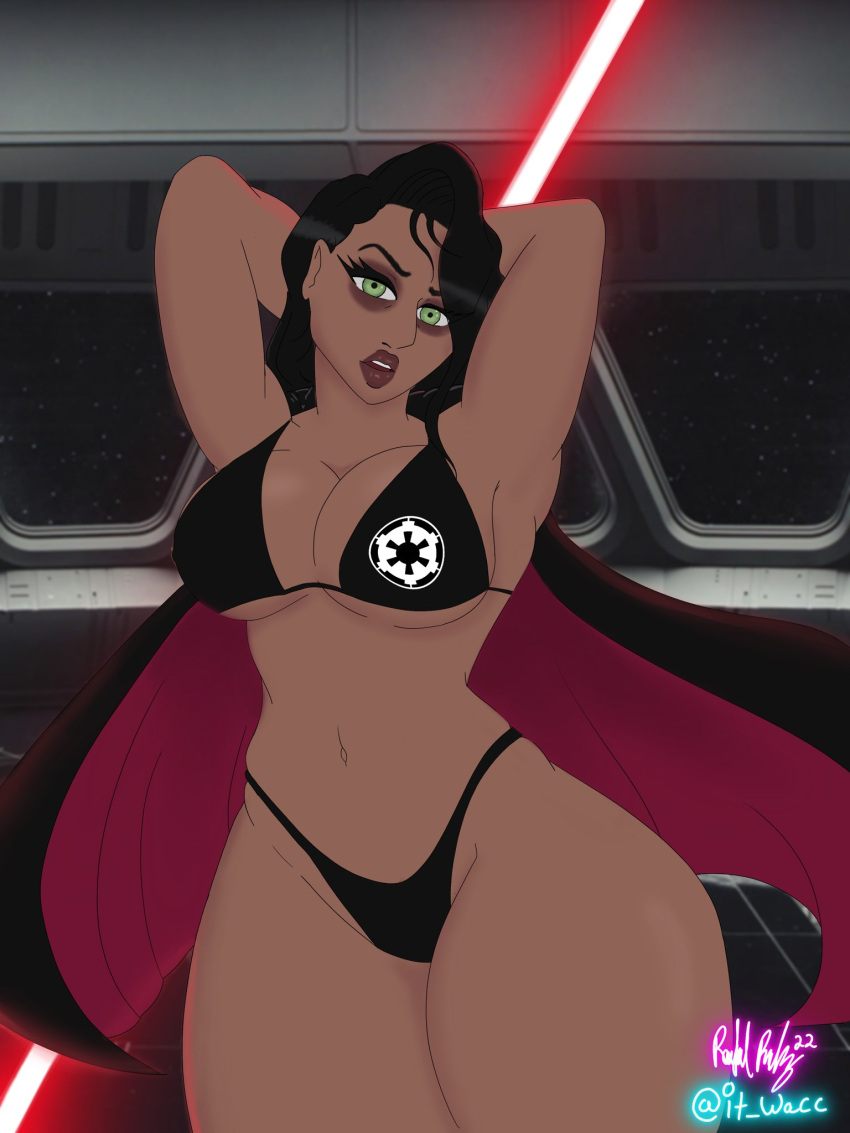 1girls 2022 alternate_version_available arms_behind_head artist_name bikini black_hair breasts cape dark-skinned_female dark_skin double_bladed_lightsaber female female_focus female_only galactic_empire_insignia green_eyes human inquisitor inquisitor_(star_wars) jedi:_fallen_order lightsaber looking_at_viewer navel padre_racc red_lightsaber second_sister solo solo_female standing star_wars trilla_suduri