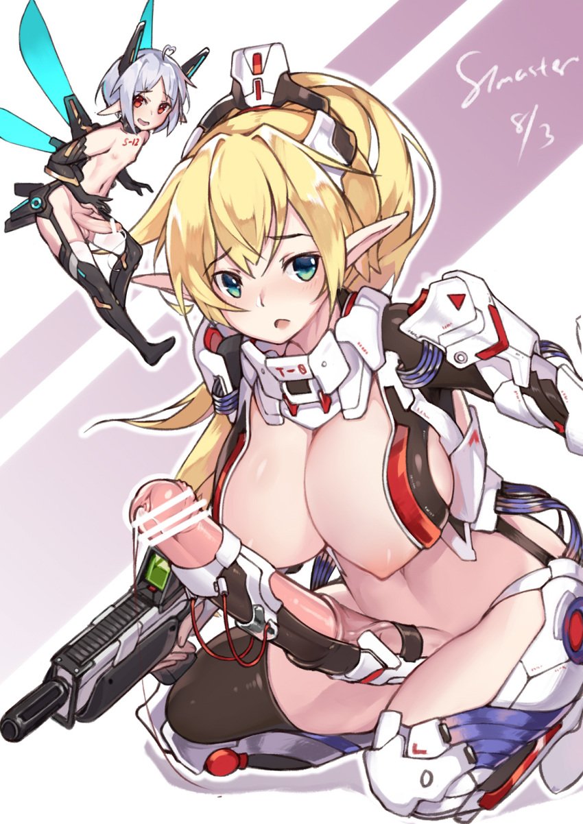 2girls blonde_hair breasts futanari green_eyes gun highres intersex large_breasts large_penis looking_at_viewer mecha_musume multiple_girls nipples open_mouth original penis personification pointy_ears red_eyes revealing_clothes small_breasts stmaster tagme thighhighs trap weapon white_hair