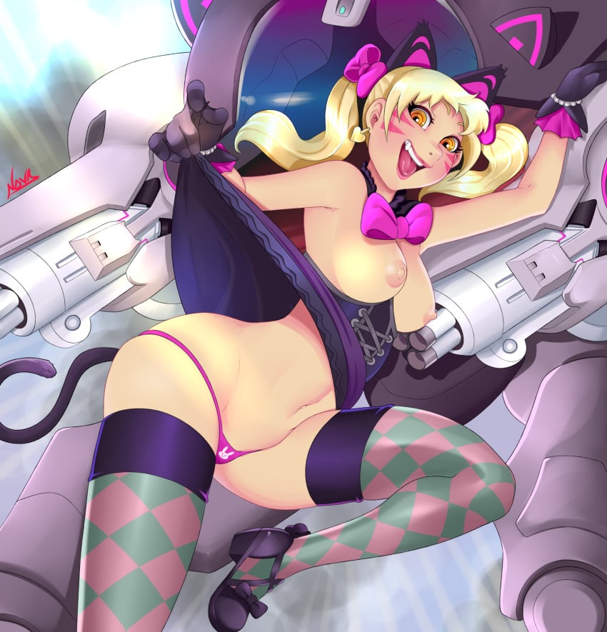 alternate_costume areolae black_cat_d.va blizzard_entertainment breasts d.va female female_only looking_at_viewer nipples overwatch scorchingnova skirt solo thighhighs