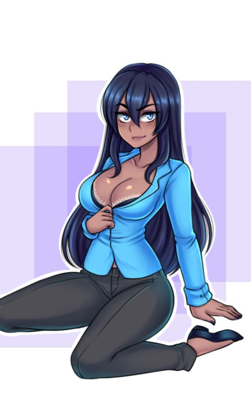 1girls black_hair blue_eyes cleavage_pull clevage clothed clothing dark-skinned_female dress_suit female female_only long_hair pants presenting_cleavage solo spewing_mews suit