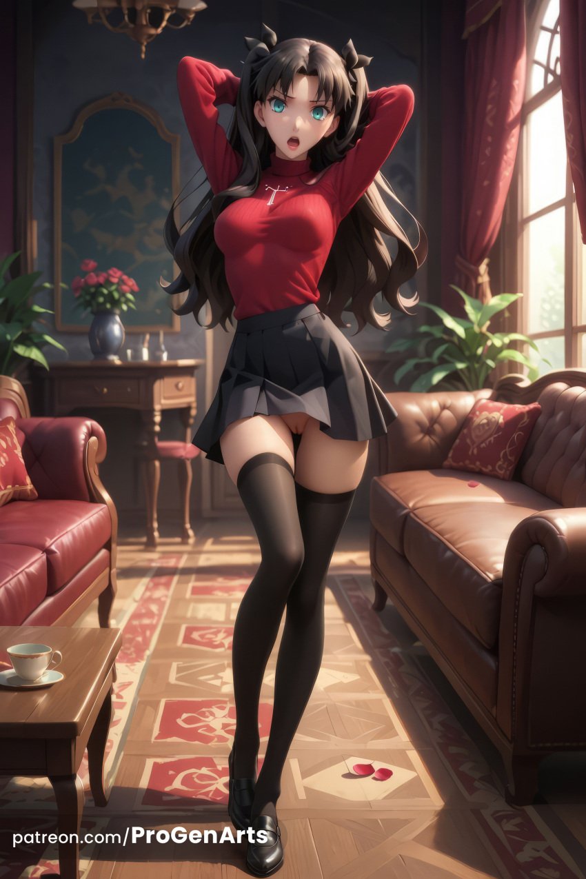 1girls :o ai_generated aqua_eyes armchair arms_behind_head arms_up artist_name ass_visible_through_thighs black_bow black_footwear black_hair black_ribbon black_skirt black_thighhighs blue_eyes bow breasts chair couch cross cup curtains fate/stay_night fate_(series) flower full_body hair_ribbon hairbow hi_res indoors jewelry loafers long_hair long_sleeves looking_at_viewer medium_breasts miniskirt necklace no_panties open_mouth panties parted_bangs patreon_username petals plant pleated_skirt progenarts pussy red_shirt red_sweater ribbon shirt shoes skirt solo standing sweater table teacup teeth thigh_gap thighhighs tohsaka_rin two_side_up uncensored underwear upper_teeth_only vase window zettai_ryouiki
