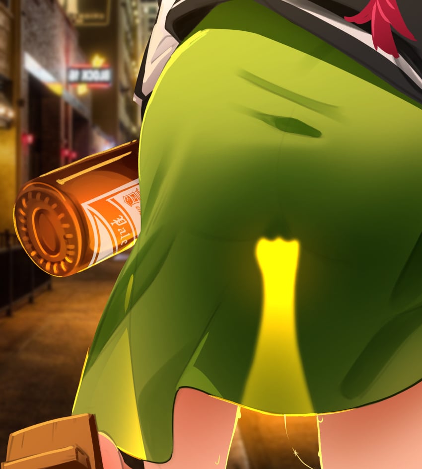 1girls ass ass_focus beer bocchi_the_rock! cleft_of_venus dress female female_only from_behind green_dress hi_res highres hiroi_kikuri khyleri light-skinned_female light_skin no_panties outdoors pussy see-through see-through_clothing standing thighs