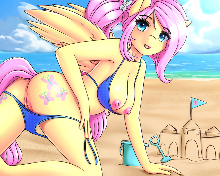 2018 areola ass beach bikini breasts bucket clothing cloud cutie_mark detailed_background digital_media_(artwork) equine eyelashes female fluttershy_(mlp) friendship_is_magic hair hi_res looking_at_viewer mammal my_little_pony nipples outside pegasus sand_castle sculpture seaside sky solo spade straight_hair swimsuit twistedscarlett60 wings