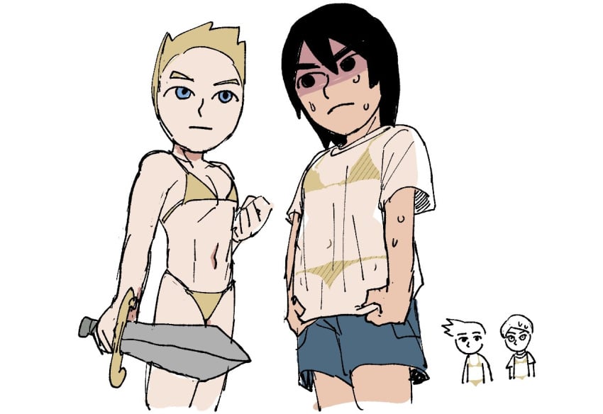 4boys bikini black_eyes black_hair blonde_hair blue_eyes clothing covering embarrassed gold_bikini golden_bikini golden_week looking_at_another looking_up male male_focus mii mii_brawler mii_brawler_(smash_4) mii_swordfighter multiple_boys navel nervous nintendo oshirimarsh see-through see-through_clothing shirt short_hair shorts super_smash_bros. super_smash_bros._ultimate sweat swimsuit sword t-shirt weapon wet yellow_bikini