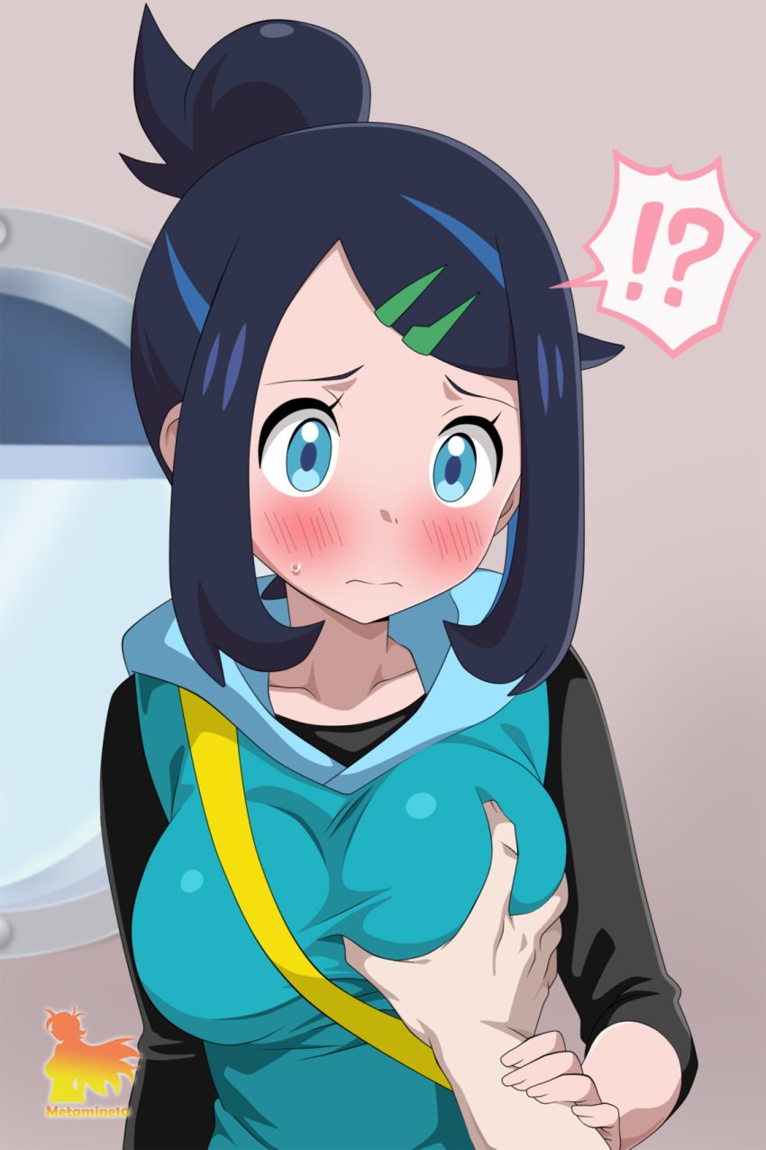 !? blue_eyes blue_hair blue_hoodie blush breasts female grabbing_another's_breast groping hair_bun hair_ornament hairclip highres hood hoodie liko_(pokemon) medium_breasts metaminegl nintendo pokemon pokemon_(anime) pokemon_horizons pov pov_hands single_hair_bun spoken_interrobang upper_body