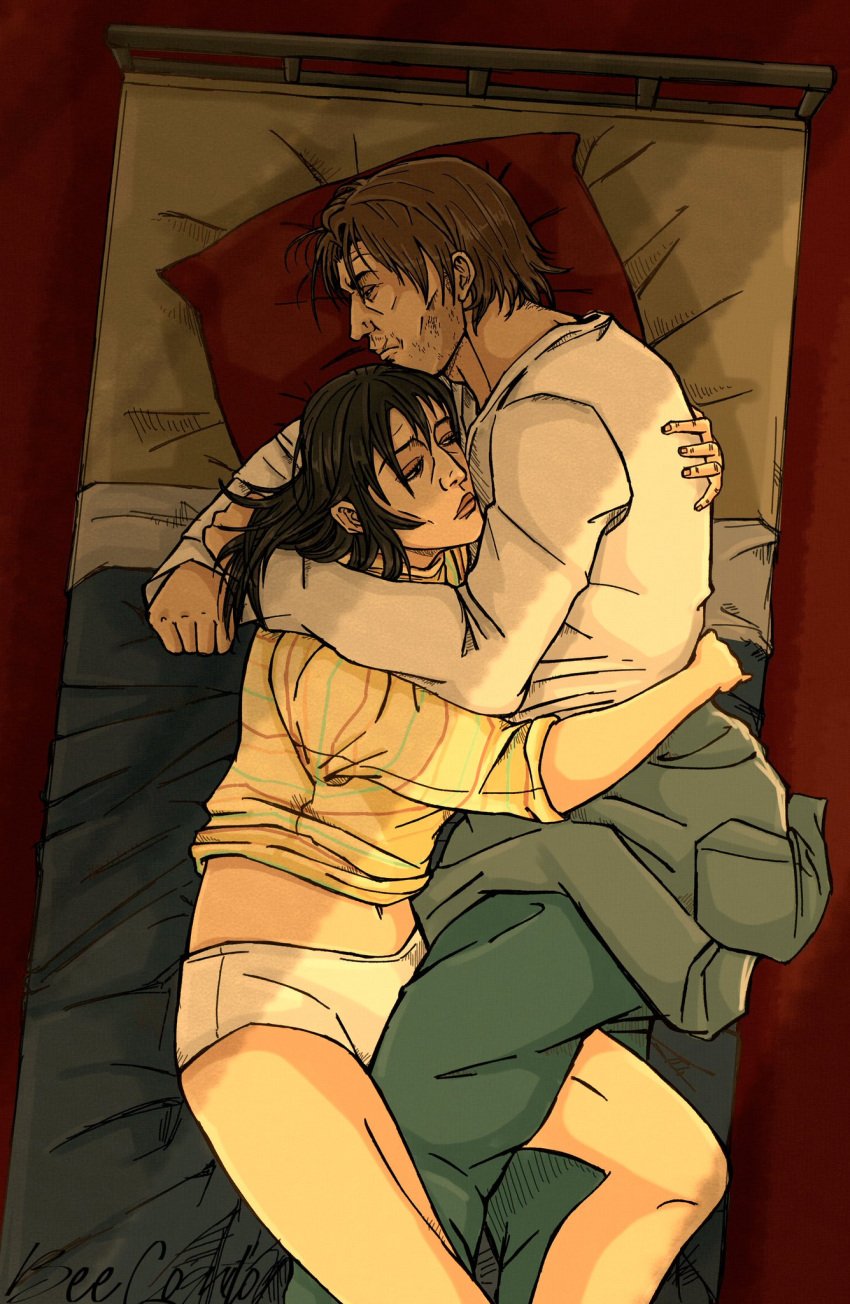 1male1female anya_(mouthwashing) arms_around_partner colored cuddling embrace embracing from_above half-closed_eyes half_dressed hugging hugging_another jimmy_(mouthwashing) jumpsuit_around_waist laying_on_bed lovers lying_on_bed mouthwashing mouthwashing_(game) overhead_view panties sleepy straddling_leg striped_shirt white_shirt