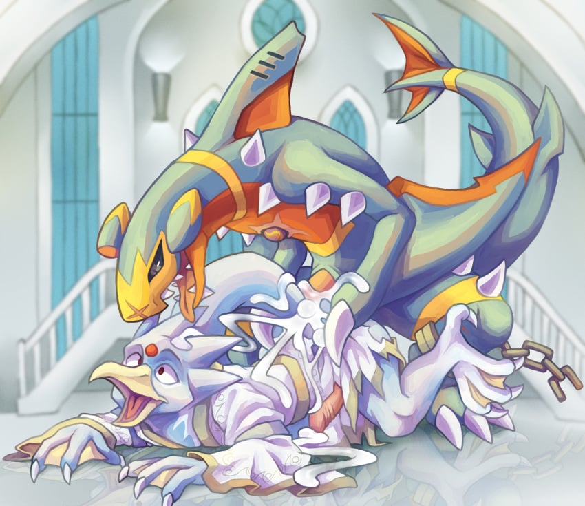 anal bodily_fluids chains cum cum_in_ass cum_inside ejaculation fish garchomp generation_1_pokemon generation_4_pokemon genital_fluids genitals golduck hi_res inside male male/male marine mega_stone nintendo penis pokemon pokemon_(species) scar sex shark spookybooty zylo_the_garchomp