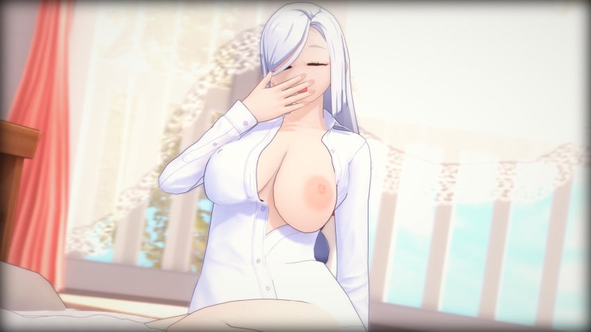 big_areola big_breasts big_breasts breasts breasts breasts_out busty busty_female exposed_breasts female female_focus female_only genshin_impact hoyoverse koikatsu light-skinned_female light_skin nyxxzeiss open_shirt pink_nipples shenhe_(genshin_impact) white_hair yawn