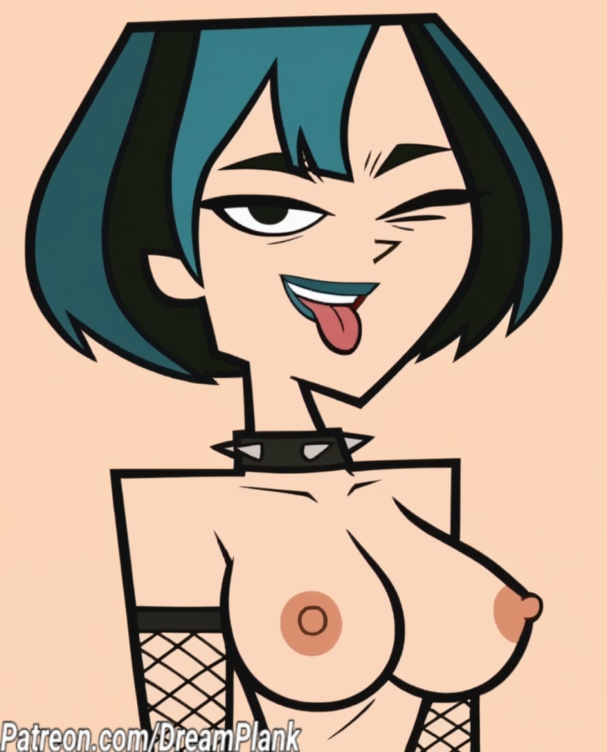 breasts cartoon_network dreamplank gwen_(tdi) nipples simple_background spiked_collar tongue_out total_drama_island upper_body wink