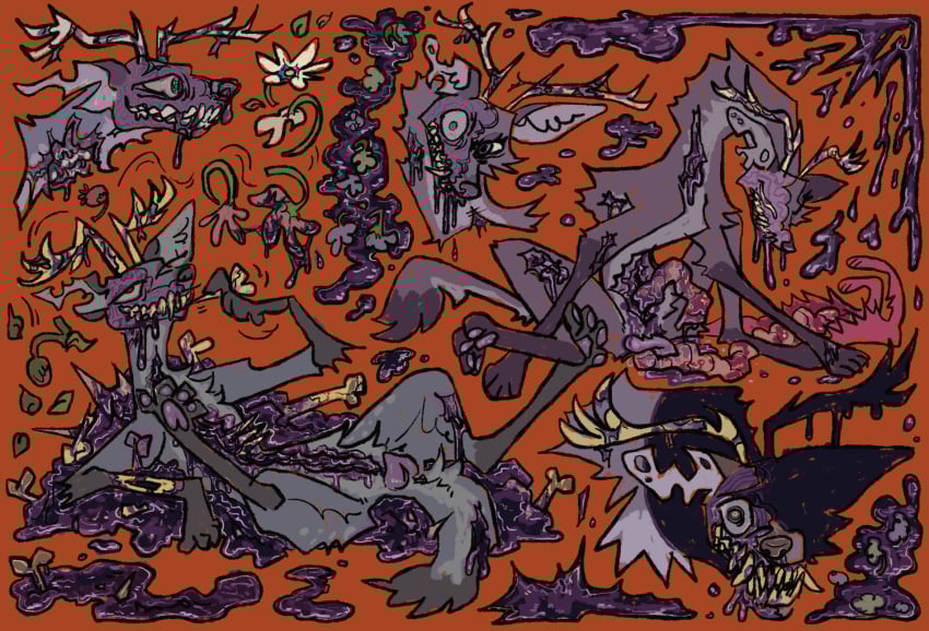 2025 animal_genitalia animal_pussy antlers blood bodily_fluids body_horror bone canid canine canine_genitalia canine_pussy corpse death deer digital_drawing_(artwork) digital_media_(artwork) drooling entrails exposed_bone exposed_flesh exposed_rib_cage female feral feral_penetrated flower fur genitals gore grinning_at_viewer guncht guts hi_res horn hybrid implied_hard_vore looking_at_viewer lying mammal maned_wolf masturbation necrophilia on_back organ_penetration organs pawpads penetration plant purple_body purple_fur pussy rotting rotting_flesh saliva sex_toy sharp_teeth slime solo teeth toothpick torn_ear undead unusual_blood unusual_bodily_fluids unusual_sex_toy vaginal_penetration vaginal_penetration wounded zombie