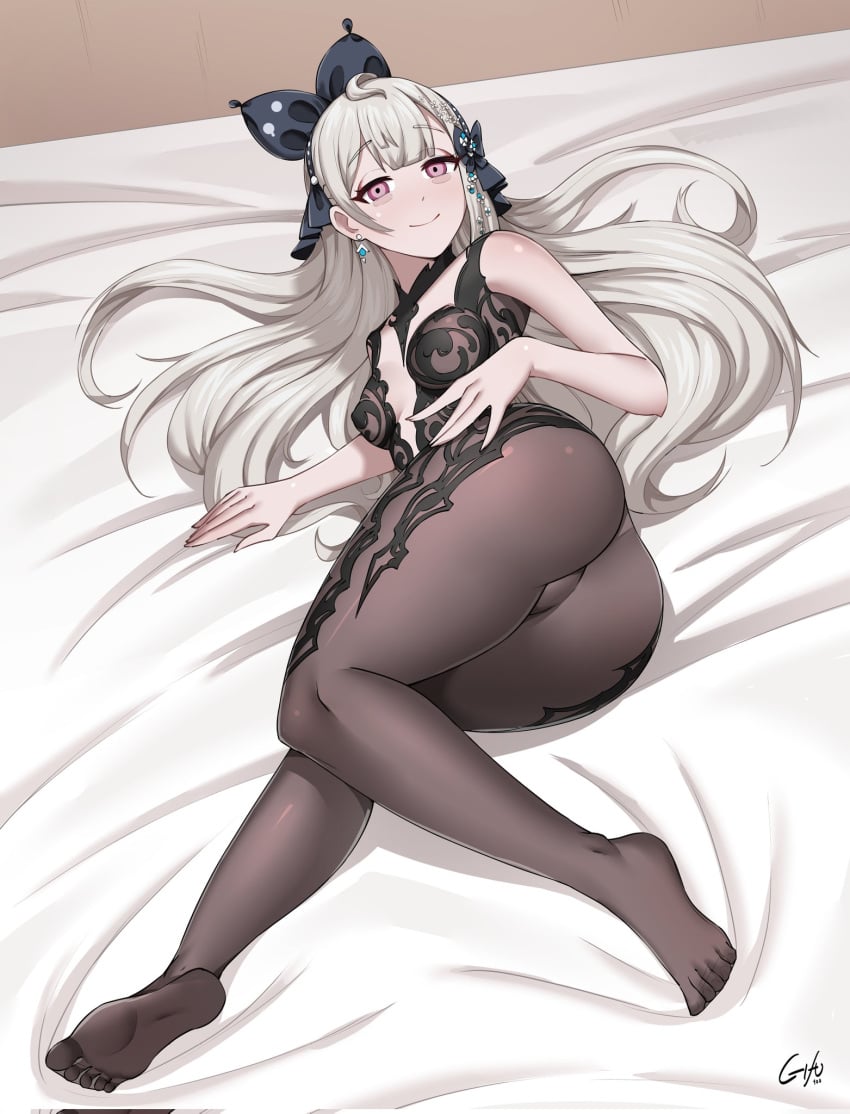 1girls ass ass_focus bare_arms bare_shoulders big_ass big_butt black_outfit black_pantyhose butt butt_focus clothed clothed_female earrings exposed_arms exposed_shoulders eyebags feet_visible_through_clothing female gifu_100 hair_accessory hair_ribbon hi_res highres laying_down laying_on_bed light_gray_hair looking_at_viewer nijisanji nijisanji_en pantyhose purple_eyes reimu_endou round_butt showing_ass showing_off small_breasts smile smiling smiling_at_viewer solo solo_female solo_focus tight_clothing virtual_youtuber white_hair