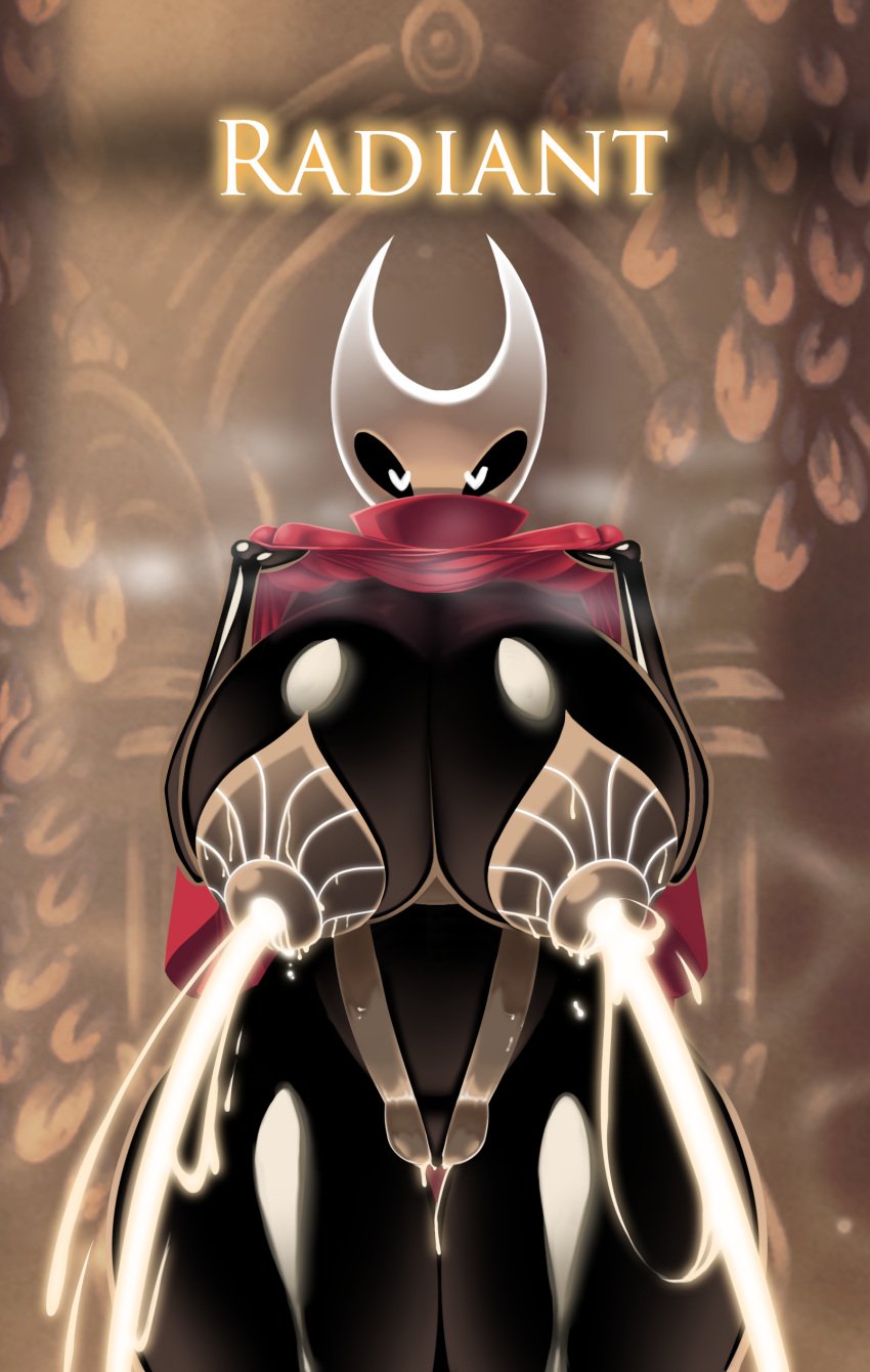 2025 absurd_res anthro arachnid arthropod big_breasts bikini black_body black_eyes bodily bodily_fluids breasts cloak clothed clothing clothing_lift female flashing flashing_breasts fog glistening glistening_body glowing glowing_milk gold_(metal) gold_bikini golden_week heart_eyes heart_symbol hi_res hollow_knight horn hornet_(hollow_knight) humanoid lactating leaf one-piece_swimsuit pasties pillar projectile_lactation red_clothing reflective_body robe sillyseacreatur sling_bikini solo spider standing sweat_clouds swimwear team_cherry two-piece_swimsuit wide_hips