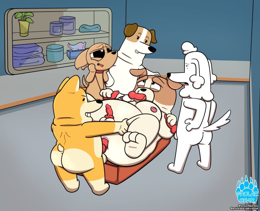 2025 absurd_res anal animal_genitalia animal_penis ass balls black_eyes black_nose brown_body canid canine canine_genitalia canine_penis canis chonies_(dogs_in_space) detailed_background dogs_in_space domestic_dog dot_eyes ed_(dogs_in_space) erection garbage_(dogs_in_space) genitals grolarbearsins group handjob happy_(dogs_in_space) hi_res inside loaf_(dogs_in_space) male male/male mammal moobs nipples open_mouth oral overweight overweight_male penile penis sex simple_eyes white_body