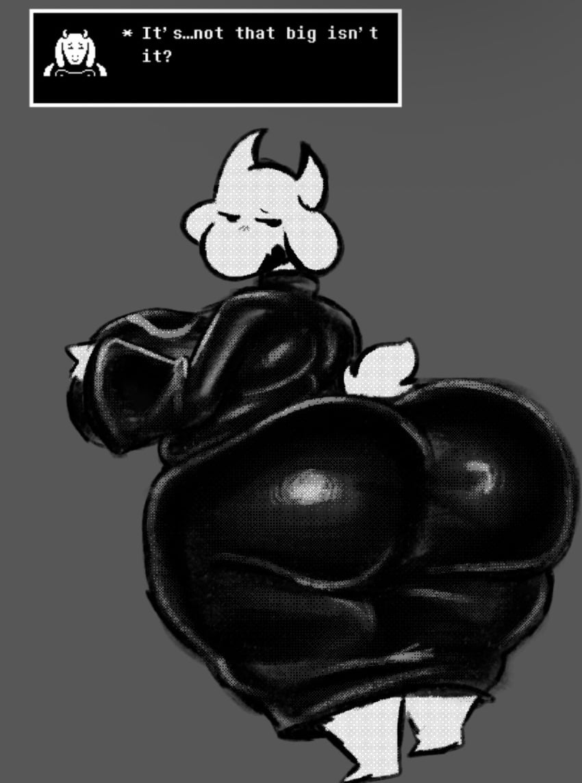 anthro ass big_ass big_breasts breasts clothing english_text freaky2weak goat greyscale huge_ass large_ass looking_back milf no_background non-human robe tail talking_to_viewer text toriel undertale