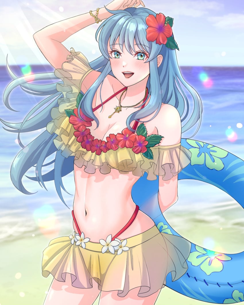 alluring aqua_eyes aqua_hair big_breasts bikini cleavage eirika_(fire_emblem) female fire_emblem holding_innertube inner_tube intelligent_systems kousetu0506 nintendo pin_up