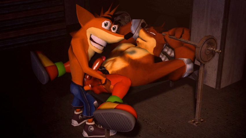 2boys 3d 3d_(artwork) anal anal_sex animated anthro anthro_on_anthro bandicoot belt brother clothing crash_(series) crash_bandicoot crunch_bandicoot duo erection footwear gay gif green_eyes grin half-closed_eyes incest looking_at_viewer lying male male/male male_only mammal marsupial muscular muscular_male nude ololoshalol on_back penetration penis robotic_arm sex shoes shorts size_difference small_dom_big_sub smile spread_legs spreading video_games weights yaoi