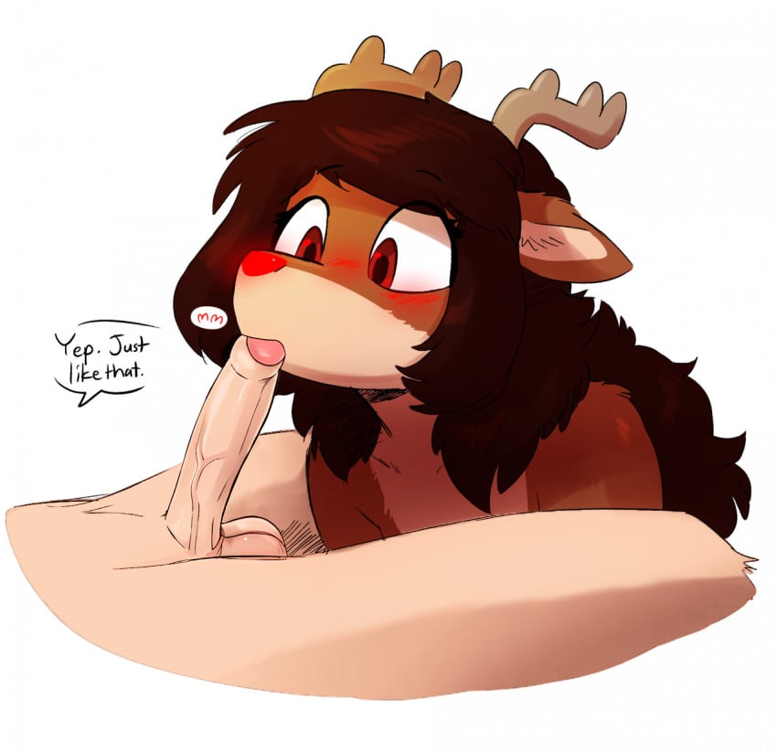 anthro antlers balls blush brown_body brown_fur cervine countershading dark_hair deer duo ears_down fellatio female fur genitals glowing glowing_nose hair hi_res horn human human_on_anthro interspecies kissing kissing_penis_tip long_hair looking_down looking_down_at_penis male male/female mammal new_world_deer nude oral penile penis penis_kissing pivoted_ears red_eyes red_nose reindeer rue_(the-minuscule-task) sex sucking sucking_tip tan_body tan_fur text the-minuscule-task third-party_edit vein veiny_penis white_body white_skin