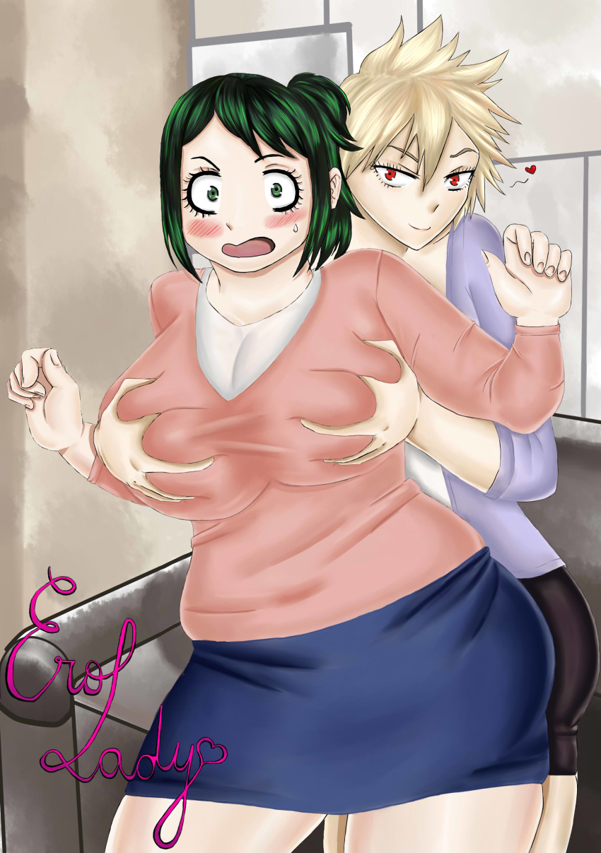 bbw breast_grab breasts clothed curvy erolady female grabbing green_hair inko_midoriya large_breasts mature mature_female mature_woman milf mitsuki_bakugou mother my_hero_academia oppai plump skirt