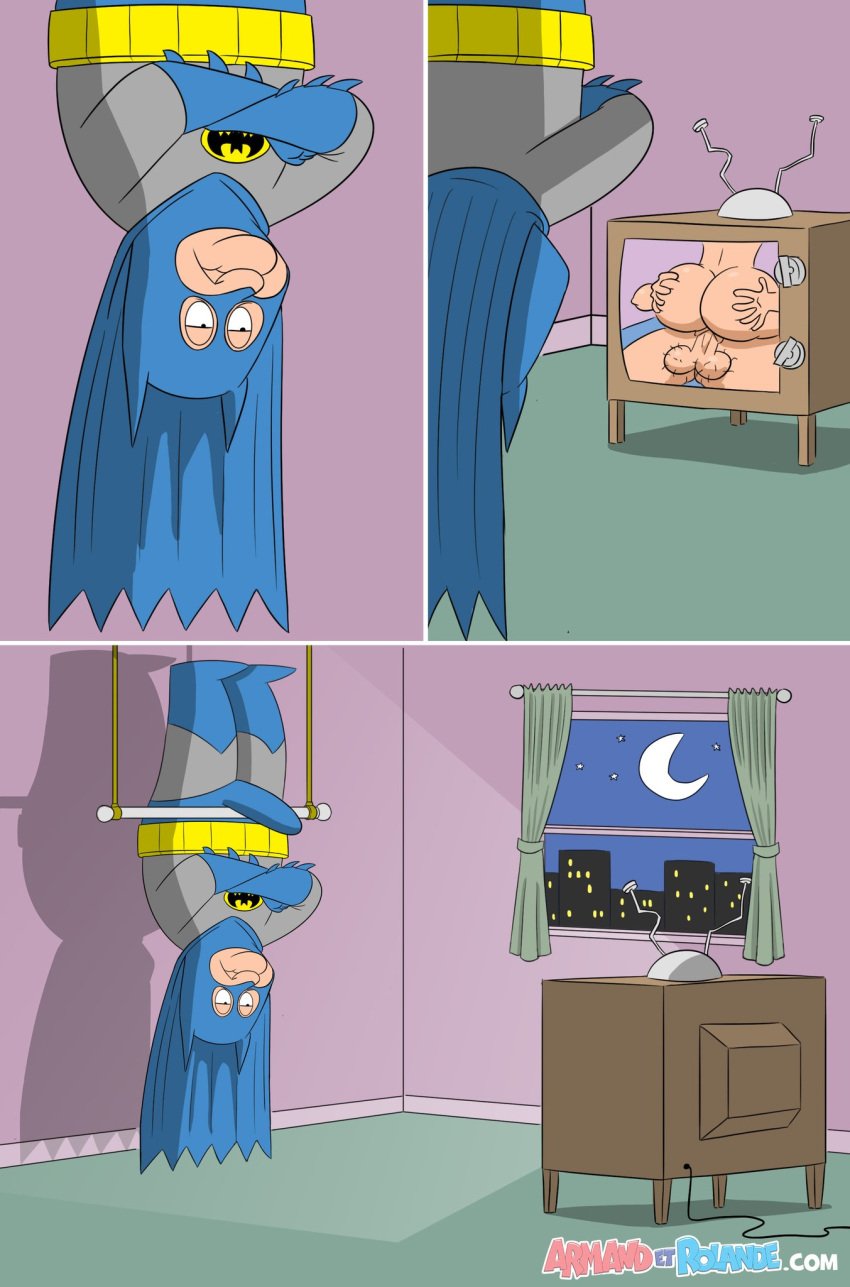 1girls 2boys 2boys1girl 2d ambiguous_penetration armand_(armand_et_rolande) armand_et_rolande arms_crossed ass balls ballsack batman_(cosplay) batman_(series) boner boner_in_pants boner_under_clothes booty chubby chubby_male clothed_male dc dc_comics elderly elderly_male erect_penis erection erection_under_clothes faceless_female faceless_male female fully_clothed funny hands_on_ass hands_on_butt humor male male/female naked naked_female naked_male nude nude_female old_pervert penis penis_in_ass penis_in_pussy penis_visible_through_clothing sex superhero superhero_costume testicles upside-down watching_porn watching_sex watching_tv