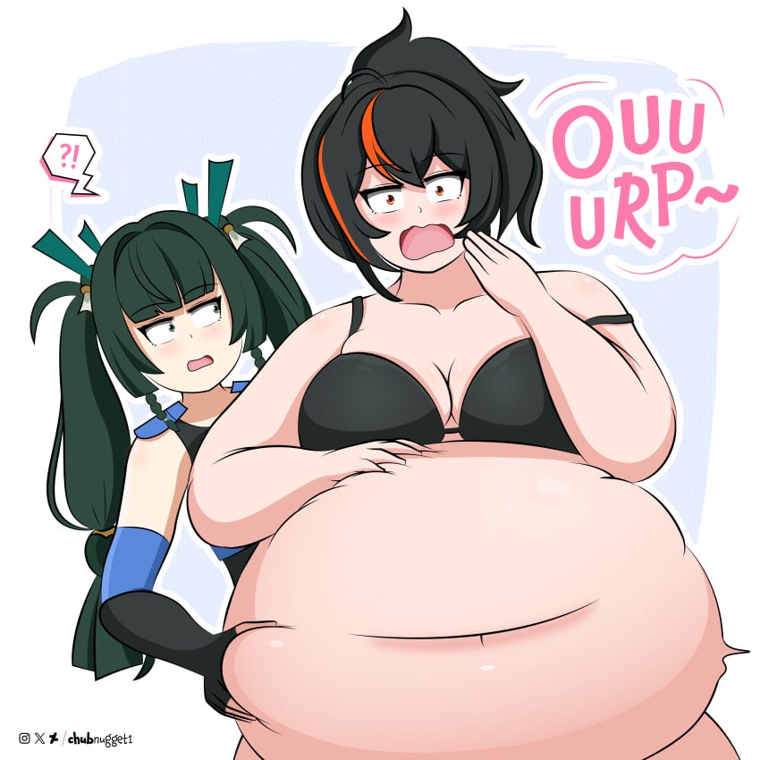 2females 2girls belly belly_button big_belly bikini black_bikini donut duo duo_female duo_focus exposed_fat_belly fat fat_female fat_girl fat_woman female female_focus female_only hoyoverse light-skinned_female light_skin mihoyo mihoyo_technology_(shanghai)_co._ltd. morbidly_obese overweight qingyi_(zenless_zone_zero) standing thick_thighs thighs weight_gain weight_gain_female wide_hips zenless_zone_zero zhu_yuan