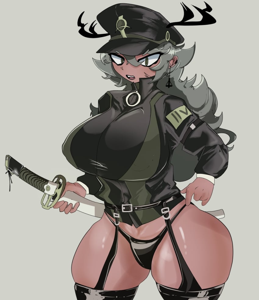 1girls 2024 antlers aschazm belt big_breasts big_thighs black_hat black_panties black_sleeves black_thighhighs black_topwear black_underwear bottomless breasts deer_girl earrings eyebrows female female_only garter_straps green_eyes green_hair green_topwear hat holding_weapon katana kemonomimi long_hair long_sleeves no_pants olivany_"lili"_gillian open_mouth panties roblox roblox_avatar robloxian simple_background sleeves solid_color_background solo standing tan-skinned_female tan_skin thick_thighs thighhighs thighs two_tone_clothing weapon