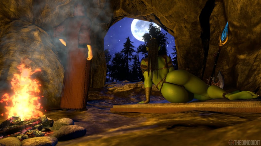 3d 3d_(artwork) 3d_render ass big_ass big_butt booty butt cave fanart fantasy female green-skinned_female green_skin human human_male light-skinned_male light_skin magic male night orc orc_female original original_character original_characters outdoors thedinodidit warrior
