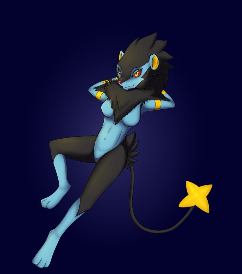 2015 abs anthro areola arm_markings biped black_body black_fur black_hair black_markings black_tail blue_body breasts butt_tuft chest_tuft colored female fur generation_4_pokemon genitals hair hands_behind_head hi_res kirara_(swack16) leg_markings luxray lying markings multicolored_body navel nintendo nipples nude pokemon pokemon_(species) pokemorph pussy red_sclera simple_background smile socks_(marking) solo tail thick_thighs tomek1000 tuft wide_hips yellow_eyes yellow_inner_ear yellow_markings yellow_tail