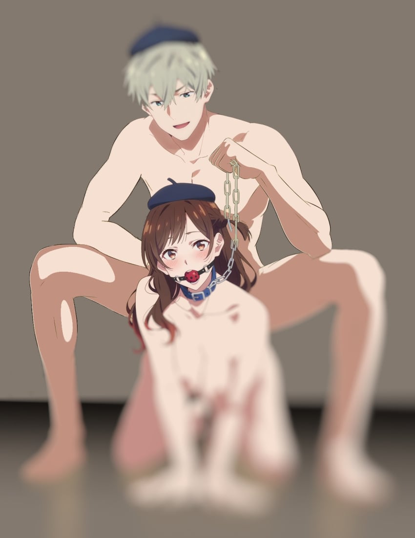 1boy 1girls ambiguous_penetration ball_gag beret bondage brown_hair chained chains cheating cheating_girlfriend collar cuckold dog_collar doggy_style dominant_male domination female femsub from_behind grey_hair kanojo_okarishimasu looking_at_viewer male male_and_female_focus maledom mizuhara_chizuru nakano_umi netorare ntr nude riding sex sex_from_behind sitting_on_person slave smug straight