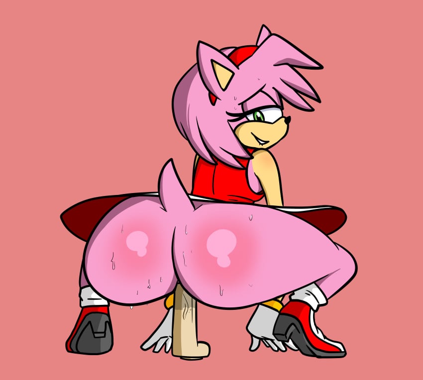 1girls amy_rose anal anthro ass biting_lip biting_own_lip clothing dildo eyelashes gloves green_eyes hedgehog looking_back maximus pink_body pink_hair sex_toy small_tail solo sonic_(series) sweat tail tan_body