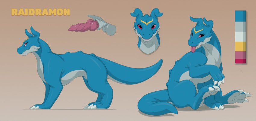 2017 3_toes acidapluvia blue_body claws digimon digimon_(species) digitigrade dragon english_text fangs feral looking_at_viewer male markings model_sheet open_mouth quadruped raidramon red_eyes reptile scalie sharp_teeth simple_background sitting smile solo standing teeth text toe_claws toes tongue tongue_out white_belly