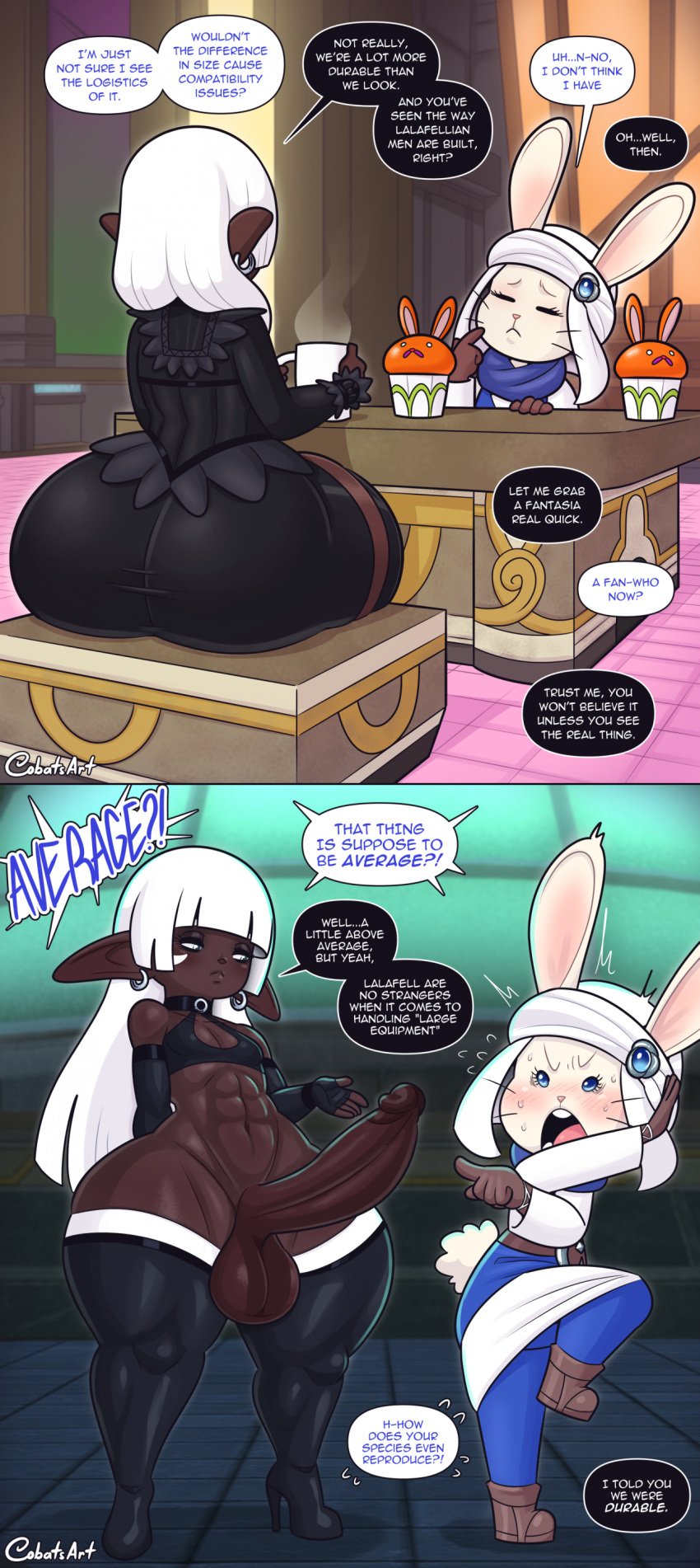 absurd_res anthro ass balls big_balls big_butt big_penis biped bodily_fluids brown_body brown_skin closed_eyes clothed clothing cobatsart detailed_background dialogue duo erection eyebrows eyelashes female final_fantasy final_fantasy_xiv fingers frown fur genitals glans hi_res huge_butt humanoid humanoid_genitalia humanoid_penis lalafell male mary_muffin mouth_closed open_mouth penis question_mark rear_view sitting speech_bubble square_enix standing sweat teeth tongue whiskers white_body white_fur