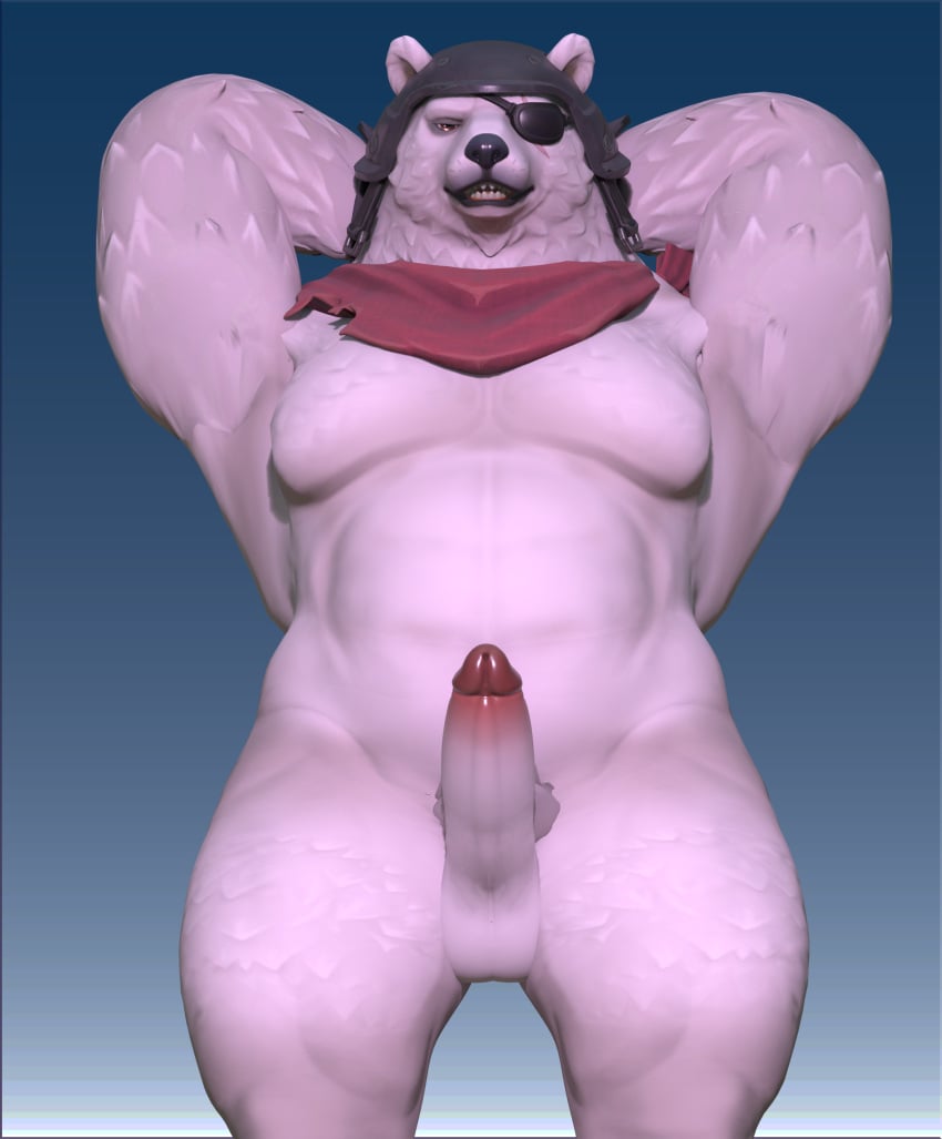 3d_(artwork) absurd_res anthro armor balls bear digital_media_(artwork) epic_games erection eye_patch eye_scar eyewear facial_scar fortnite genitals glans headgear headgear_only helmet helmet_only hi_res male mammal penis polar_bear polar_patroller scar slightly_chubby slightly_chubby_male solo ursine white_body