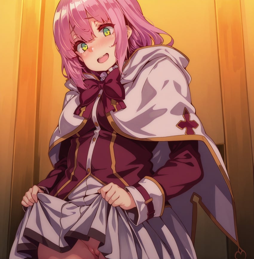ai_generated blush female female_only green_eyes happy kaifuku_jutsushi_no_yarinaoshi lifting_skirt norn_clatalissa_jioral pink_hair pixai pixiv provocative redo_of_healer shiokonbu shiokonbu_art_style short_hair showing_pussy teenager