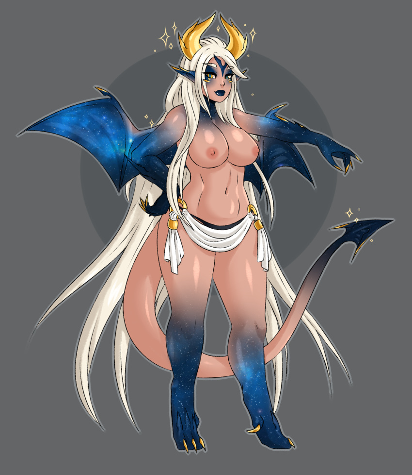 blonde_hair blue_lips blue_lipstick breasts claws curvy dawn_of_the_blue_moon dragon_girl dragon_tail eyeshadow female grey_background hand_on_hips highres horns loincloth long_hair looking_at_viewer monster_girl navel nipples original panties platinum_blonde_hair pointy_ears scales simple_background smile solo spade_tail spikes standing tail topless underwear very_long_hair white_hair wings yellow_eyes