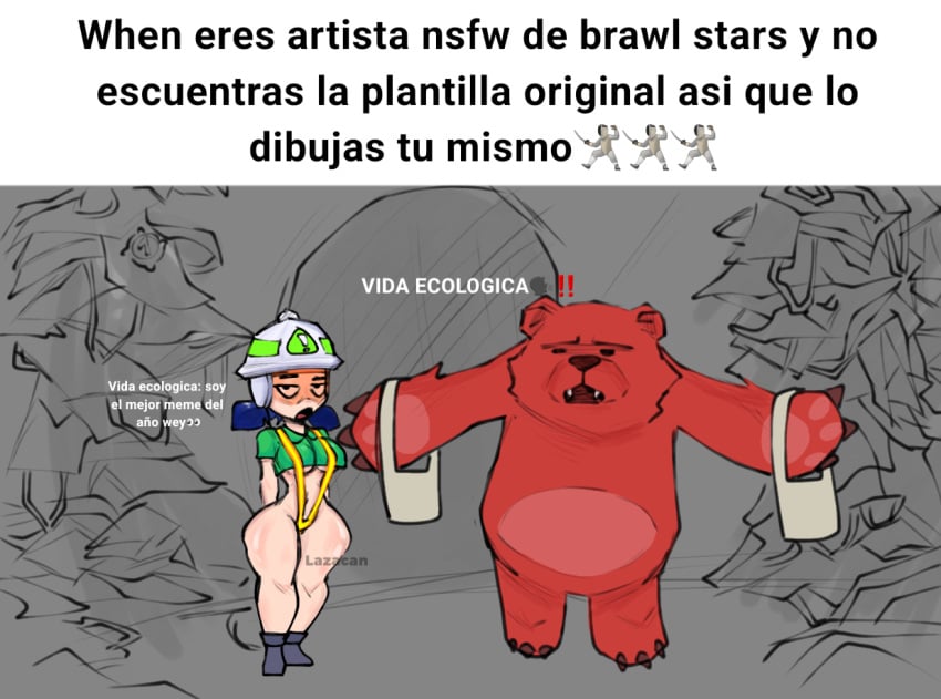 1girls big_breasts black_hair brawl_stars breasts bruce_(brawl_stars) curimomo female female_focus half-dressed hardhat jacky_(brawl_stars) light_skin looking_at_viewer meme open_mouth pigtails spanish_text thick_thighs thighs translation_request unamused underboob