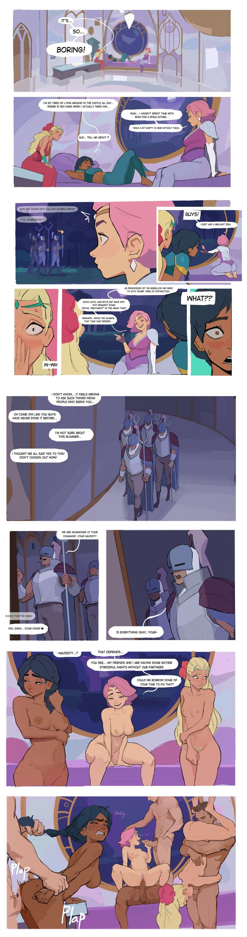 3girls 4boys 69 adora amugea bored clenched_teeth glimmer_(she-ra) knight mermista orgy princess seductive seductive_look she-ra_and_the_princesses_of_power standing standing_sex vagina vaginal_penetration vaginal_sex