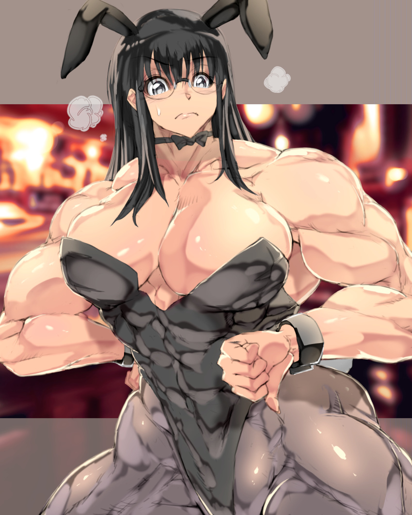 abs bare_shoulders black_eyes black_hair bowtie breasts bunny_ears bunnysuit cleavage extreme_muscles fake_animal_ears female glasses jin-jin large_breasts looking_at_viewer muscles muscular muscular_female solo thick_thighs