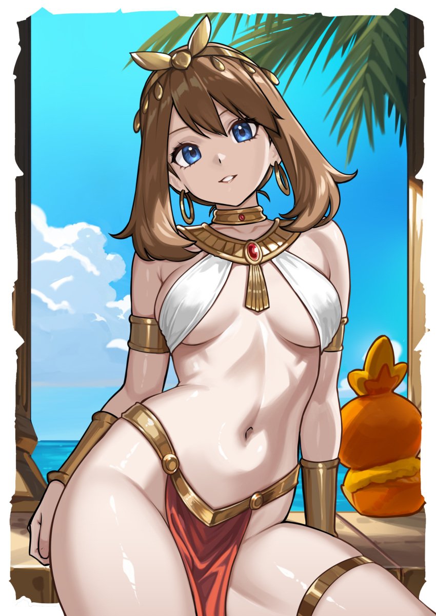 blue_eyes breasts brown_hair egyptian_clothes jewelry loincloth looking_at_viewer may_(pokemon) palm_tree pelvic_curtain pokemon redjet wide_hips