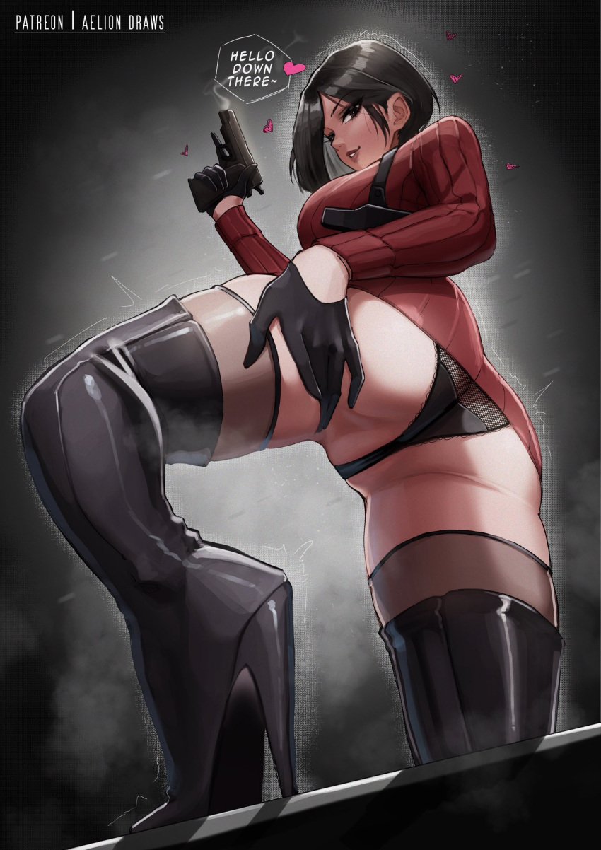 1girls ada_wong aelion_draws asian asian_female ass big_ass big_breasts big_thighs black_hair black_legwear black_panties black_thighhighs breasts clothing dialogue dress female female_only gloves gun high_heel_boots high_heels huge_ass huge_breasts huge_thighs looking_at_viewer panties pistol red_dress red_sweater resident_evil resident_evil_4 resident_evil_4_remake short_hair smile spread_legs stiletto_heels sweater text thick_hips thick_thighs thigh_boots thighs very_high_heels wide_hips