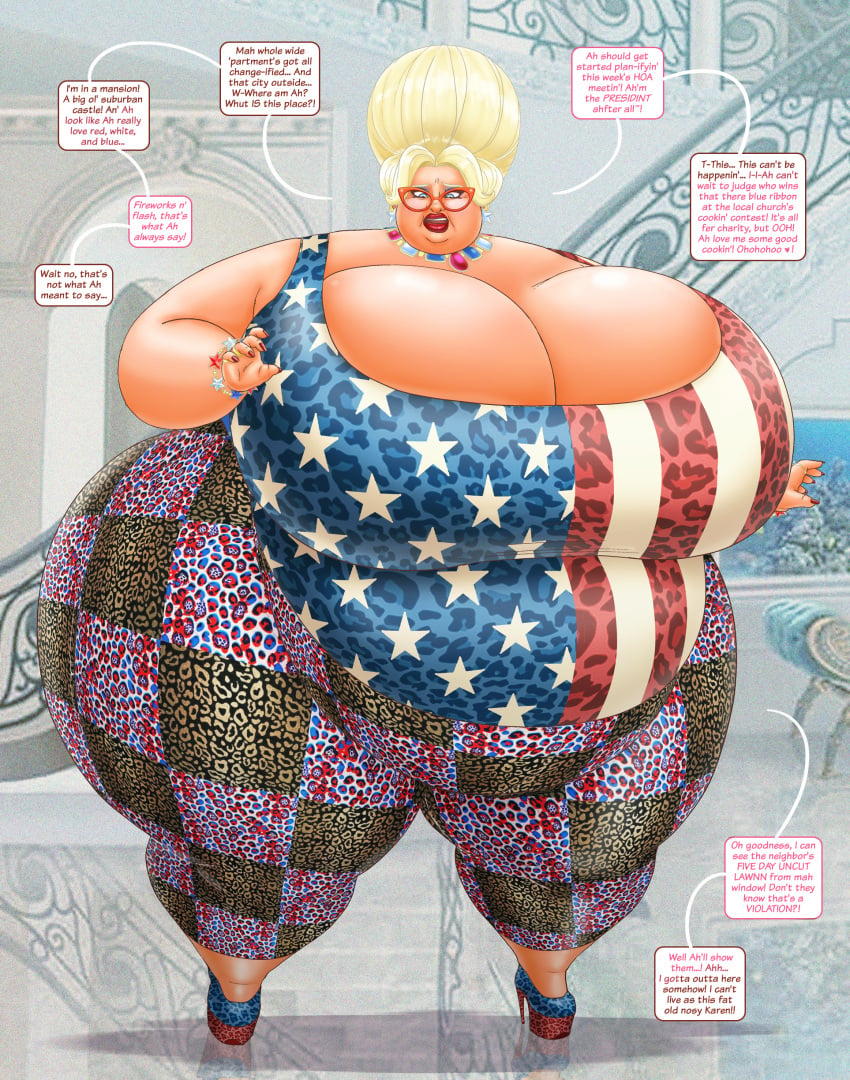 1girls after_transformation american_flag_shirt ass ass_bigger_than_head ass_bigger_than_torso beehive_hairdo belly big_breasts blonde_hair blue_eyes blue_eyeshadow bracelet breasts_bigger_than_head cleavage cleavage_overflow clothing_transformation dialogue double_chin fat fat_ass fat_belly fat_face fat_thighs fat_woman gender_transformation glasses hi_res highres huge_breasts karen_(meme) light_skin massive_ass massive_breasts mental_transformation milf milfification mtf_transformation necklace obese obese_female older_female part_of_a_set platform_heels saturnxart solo solo_female speech_bubble tanned transformation wide_hips