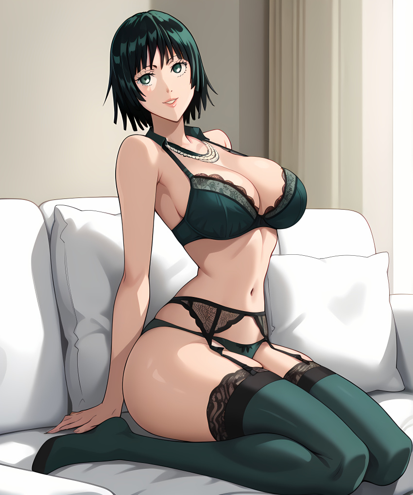 ai_generated apartment beige_background big_ass big_breasts big_butt big_thighs black_high_heels breasts cleavage couch curvy curvy_body curvy_female curvy_figure female female_focus female_only fubuki_(one-punch_man) green_bra green_eyes green_hair green_lingerie green_panties green_socks huge_ass jewelry large_breasts light-skinned_female light_skin lingerie lingerie_bra lingerie_panties lips lipstick long_legs long_socks looking_at_viewer one-punch_man pillow retair18 short_hair smile smiling smiling_at_viewer thigh_strap thighhighs wide_hips