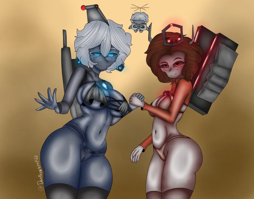 anime_style bikini chibi danionebyall53_(artist) humanized lenceria recreation shaking_hands skibidi_toilet titan_camerawoman_(skibidi_toilet) titan_speakerwoman_(skibidi_toilet)