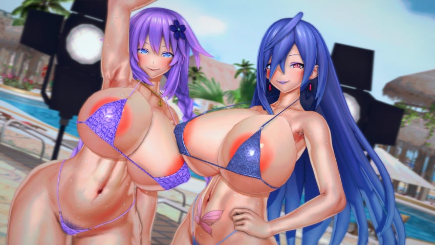 areola areolae armpits belly belly_button bikini choujigen_game_neptune gigantic_breasts huge_areolae huge_breasts iris_heart large_breasts neptunia_(series) panties pubic_hair puffy_areola purple_heart_(neptunia) sweat taf4mad