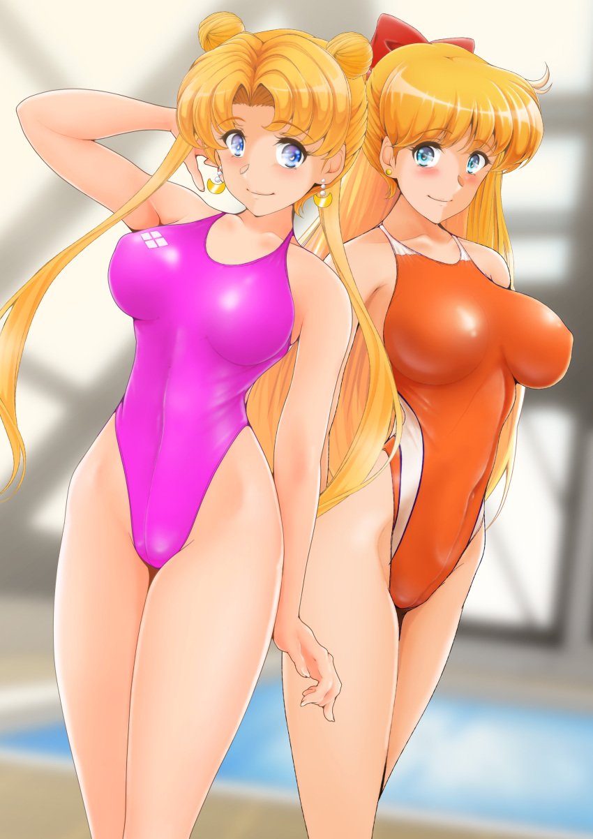 2_girls 2girls alluring bare_legs big_breasts bishoujo_senshi_sailor_moon blonde_hair blue_eyes bow cleavage female female_only hairbow long_hair minako_aino multiple_girls nanashi_noiji one-piece_bikini one-piece_swimsuit posing rei_no_pool small_breasts swimming_pool swimsuit twintails usagi_tsukino