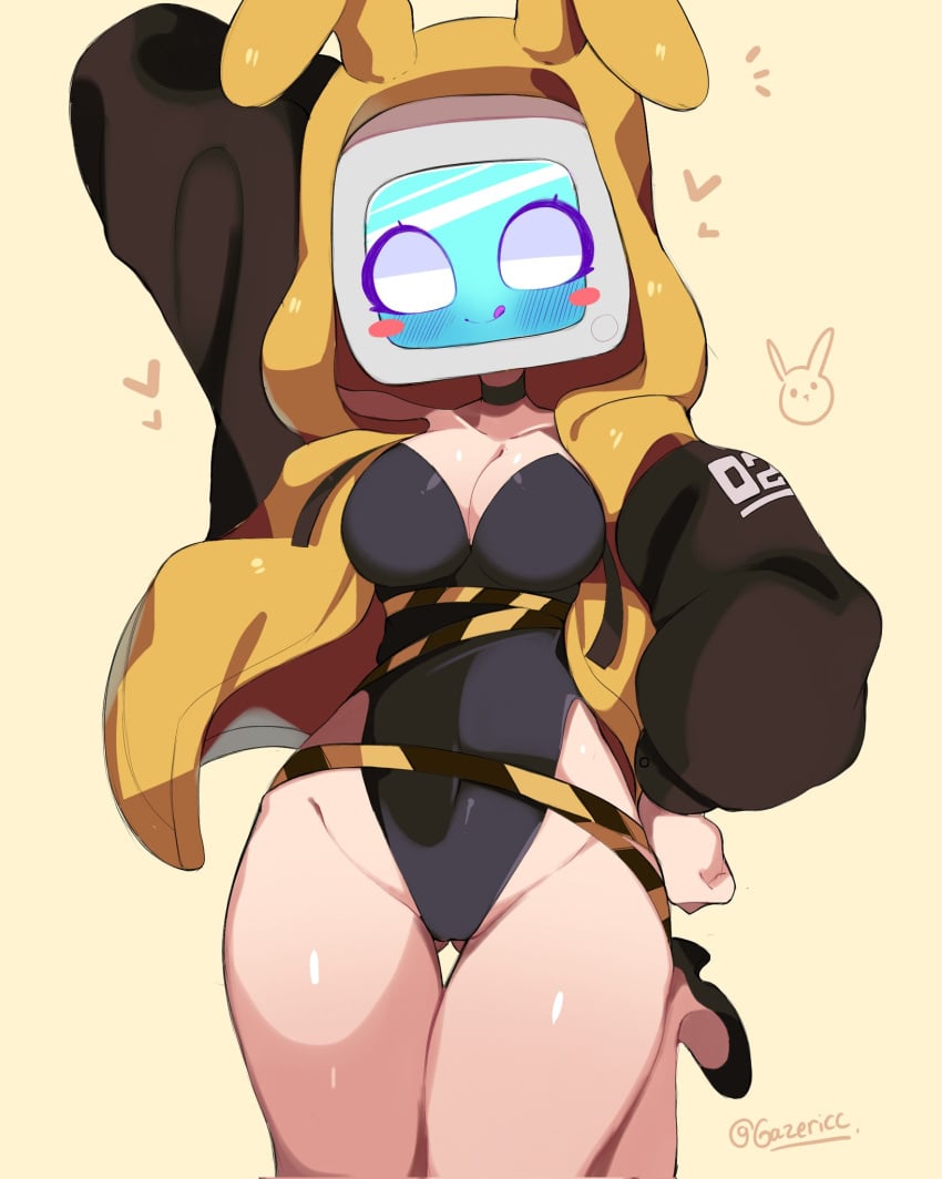 big_breasts blush bunny_ears caution_tape choker cleavage collar gazericc hearts_around_head heels hoodie jacket_open leotard light-skinned_female miyu_(rox_hoxten) no_background original_character oversized_clothes screen_face thick_thighs tight_clothing tv_head white_eyes